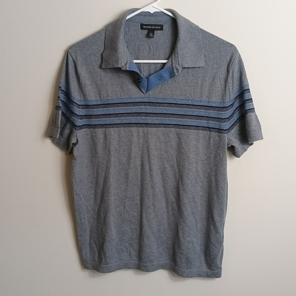 Banana Republic Knit Polo Mens M Grey Excellent Silk Cashmere Striped Shirt